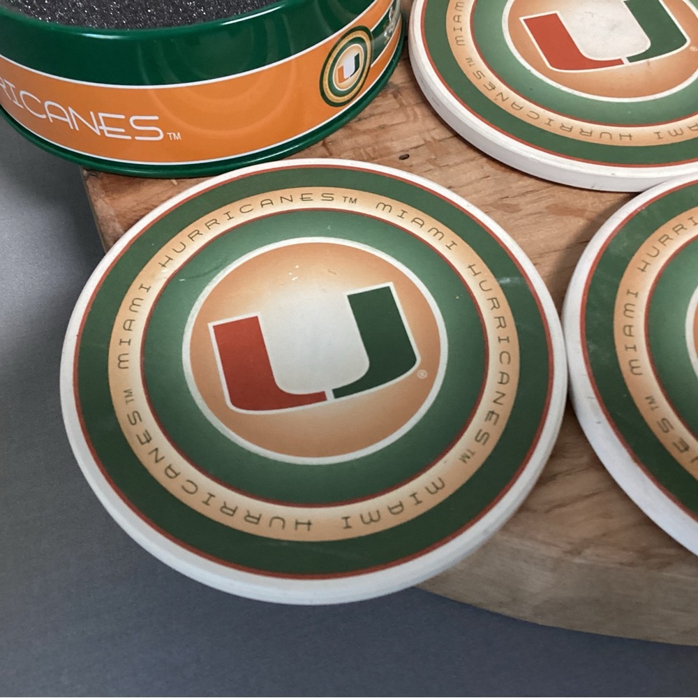 🟢 Miami Hurricanes College Football Ceramic Coaster Set in Metal Tin - Rare - Picture 7 of 16